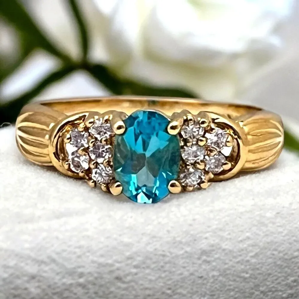 Vintage 1980s Blue CZ Ring Size 7 18KTGE Gold Plate Cluster - 14E